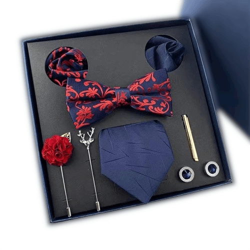 Set albastru cu rosu 8 articole papion, cravata, batista, ac cravata, butoni camasa
