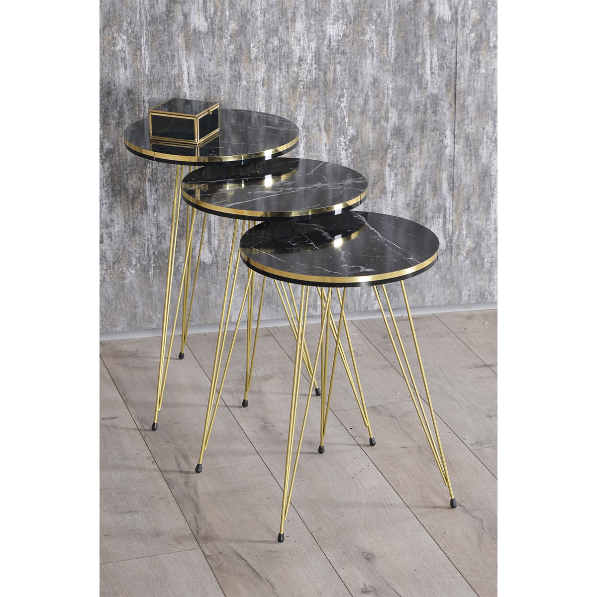 Set 3 masute cafea ZIGON (Cod 2113), metal+pal, negru, EHA — imaginea 2