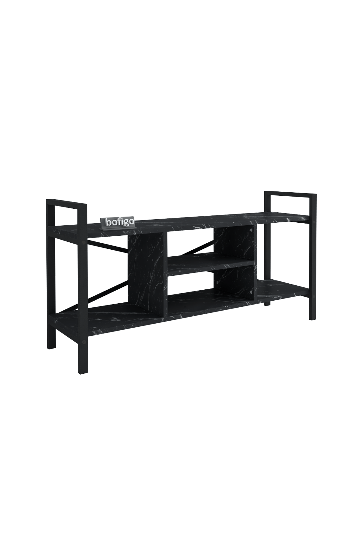 Stand TV Bofigo, 3 rafturi, pal/metal, negru — imaginea 2