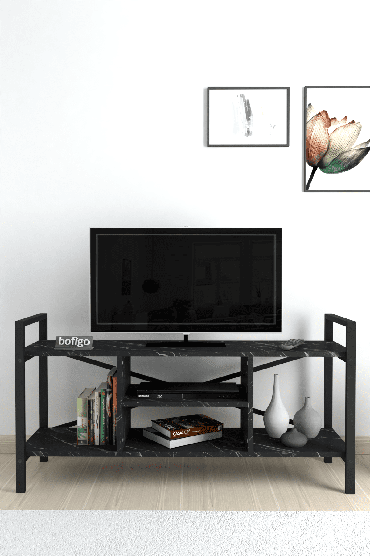 Stand TV Bofigo, 3 rafturi, pal/metal, negru — imaginea 3