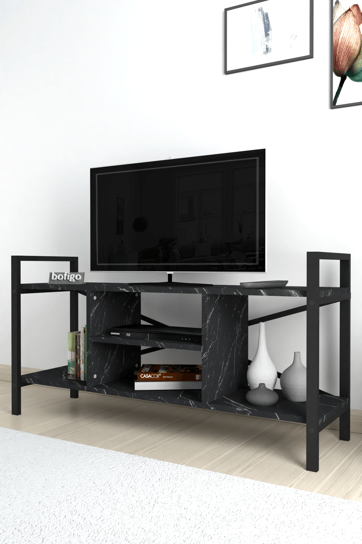 Stand TV Bofigo, 3 rafturi, pal/metal, negru — imaginea 4