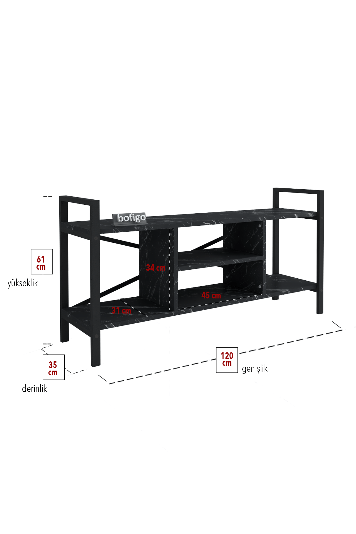 Stand TV Bofigo, 3 rafturi, pal/metal, negru — imaginea 5