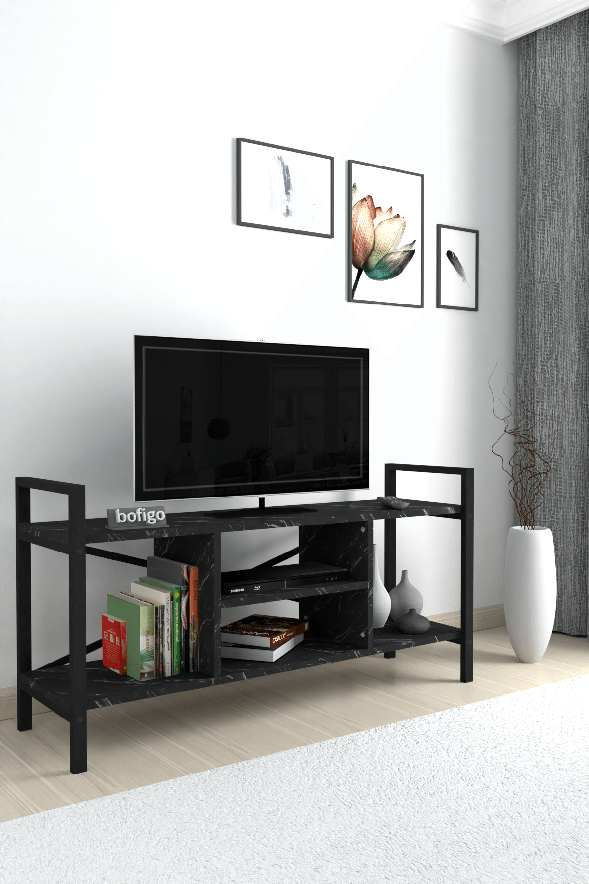 Stand TV Bofigo, 3 rafturi, pal/metal, negru — imaginea 6