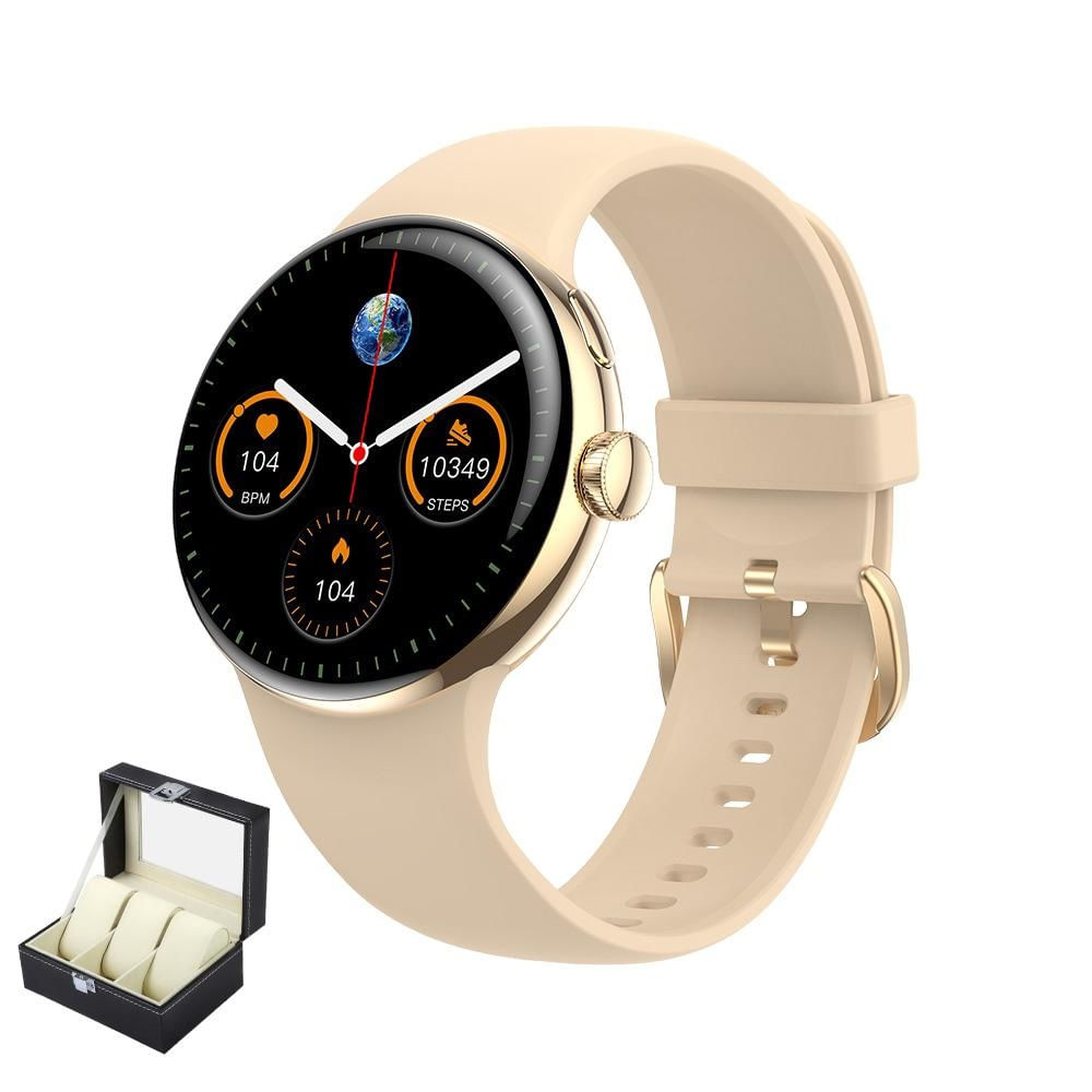 Ceas Smartwatch, 1.3” AMOLED, Gold, Microfon incorporat, Apelare Bluetooth HD, Android / IOS, si cutie pentru 3 ceasuri