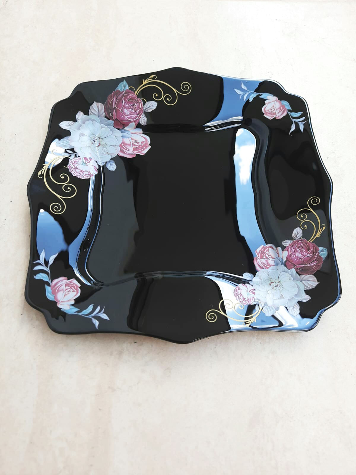 Set 6 farfurii, negre, patrate, opal, adanci, 22cm, decor floral trandafiri - 1 | YEO