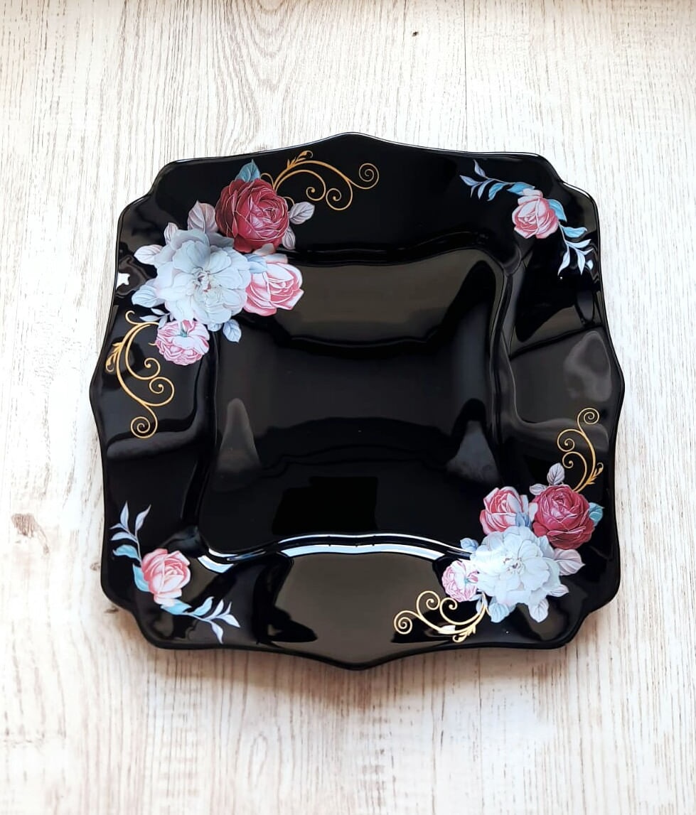 Set 6 farfurii, negre, patrate, opal, adanci, 22cm, decor floral trandafiri - 2 | YEO