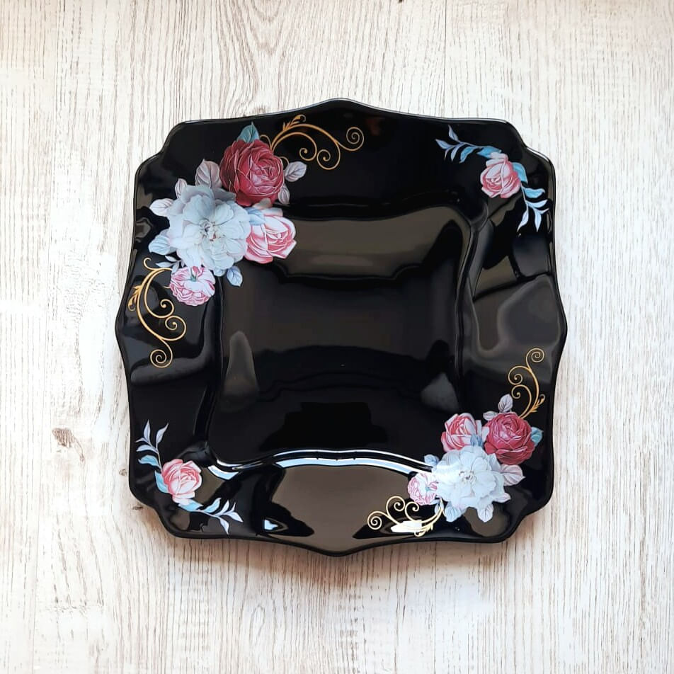 Set 6 farfurii, negre, patrate, opal, adanci, 22cm, decor floral trandafiri - 4 | YEO