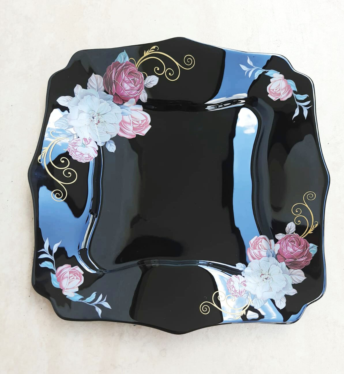 Set 6 farfurii, negre, intinse mari, patrate, opal, adanci, 25cm, decor floral trandafiri - 2 | YEO