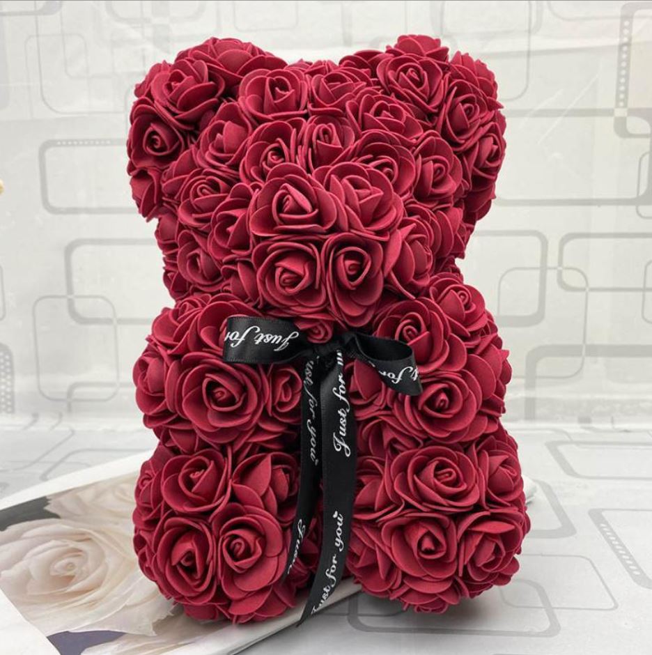 Ursulet din trandafiri, de spuma, in cutie transparenta, Rose Teddy Bear, Valentine\'s Day, grena, 25cm