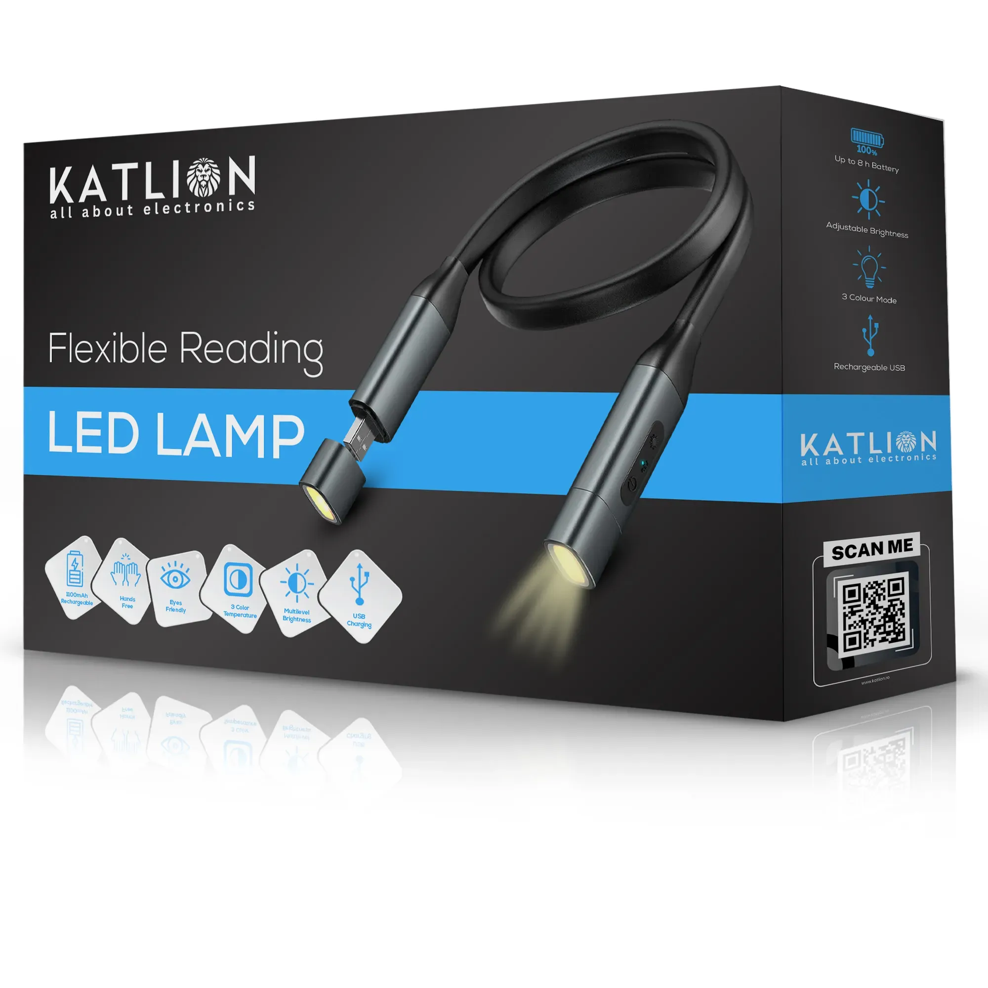 Lampa pentru citit, cu acumulator incorporat,Katlion,pozitionare pe gat cu 3 pozitii de luminare,3 nivele de intensitate