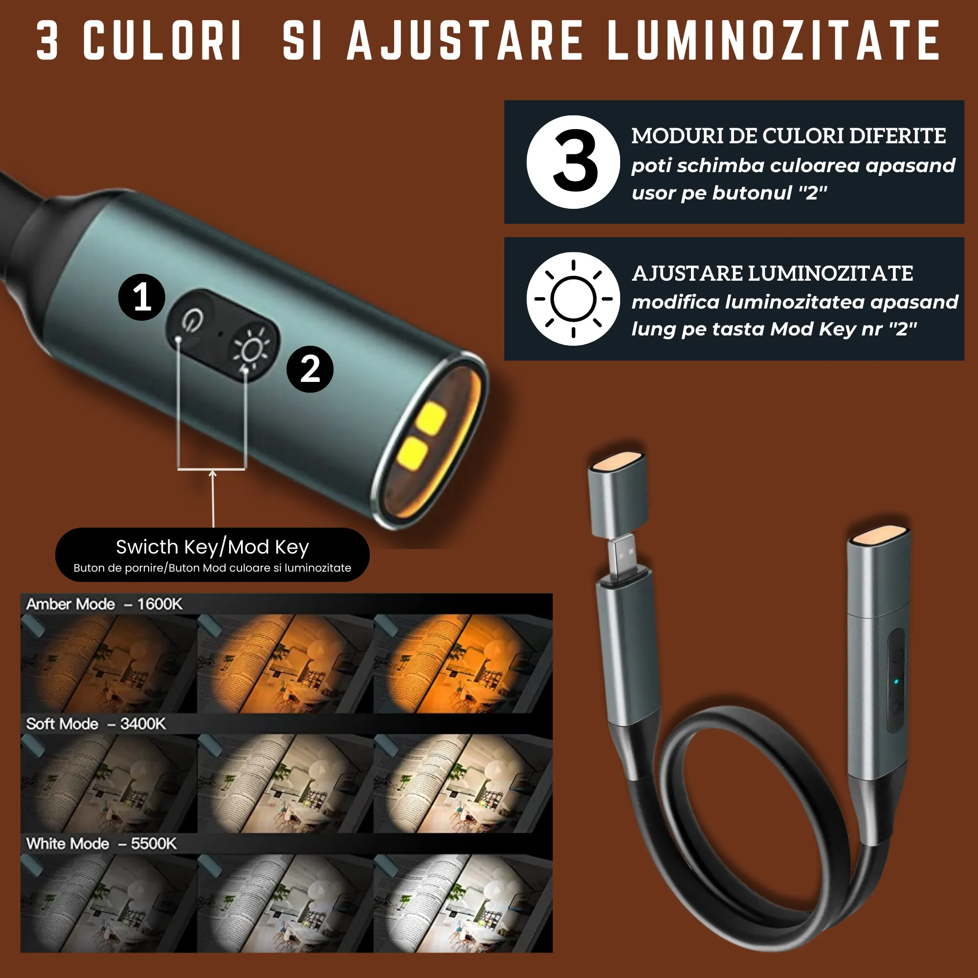 Lampa pentru citit, cu acumulator incorporat,Katlion,pozitionare pe gat cu 3 pozitii de luminare,3 nivele de intensitate - 2 | YEO