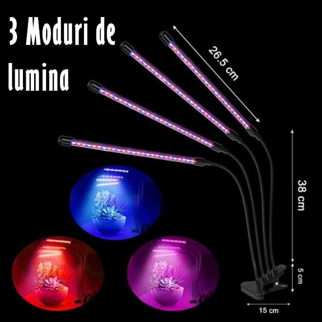 Lampa UV pentru Cresterea Plantelor , 4 picioare,120 LED-uri,40w,Temporizator,Corp Reglabil, Clips,Adaptor USB,Lumina UV — imaginea 2
