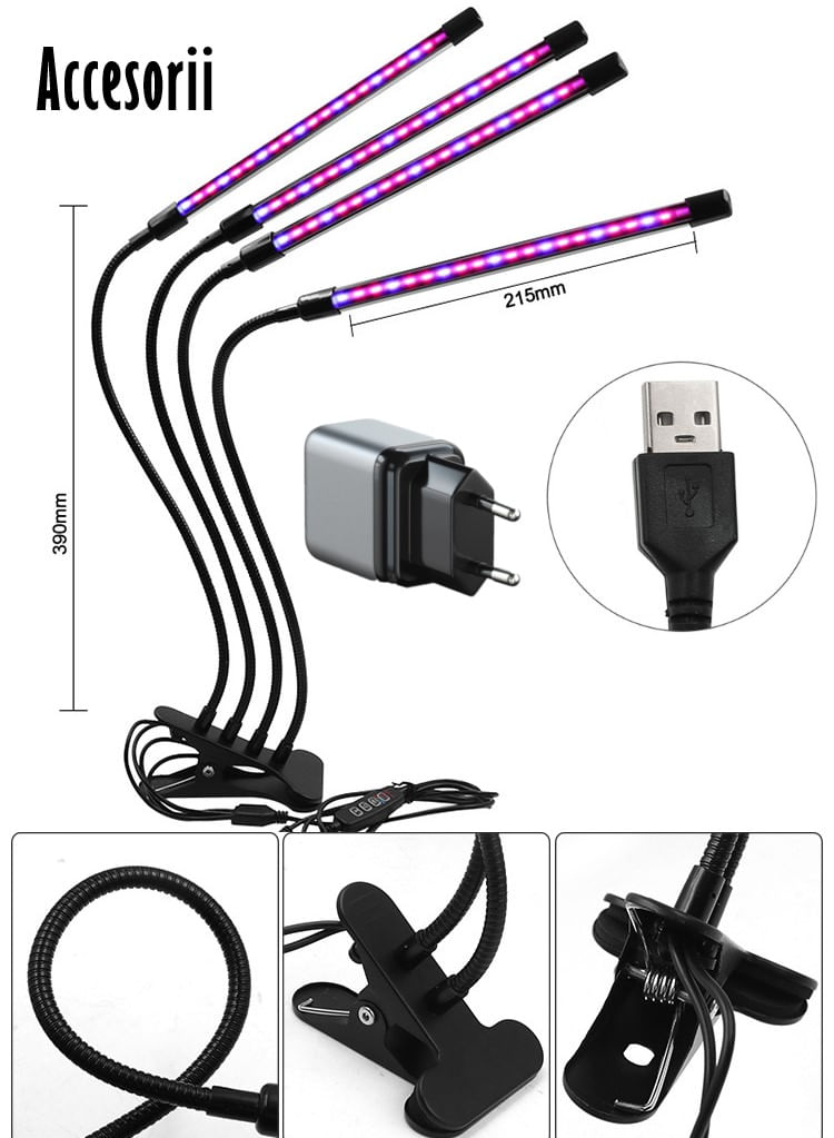 Lampa UV pentru Cresterea Plantelor , 4 picioare,120 LED-uri,40w,Temporizator,Corp Reglabil, Clips,Adaptor USB,Lumina UV — imaginea 4
