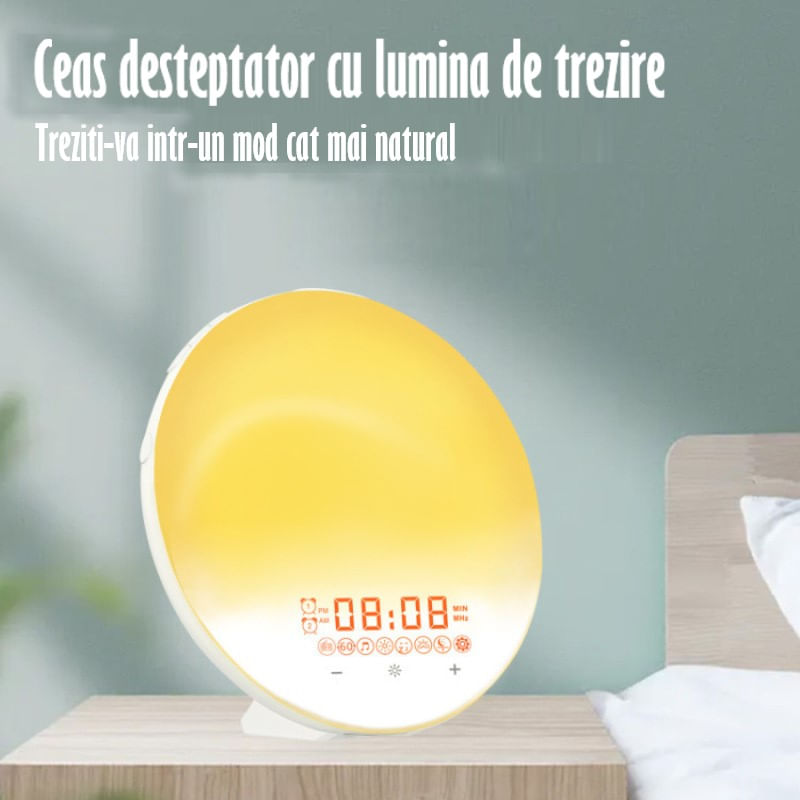 Lampa LED Inteligenta,Radio FM cu Ceas si Alarma,Simulare Rasarit&Apus de Soare,Sunete albe,7 culori,Smart Wake-up light - 1 | YEO