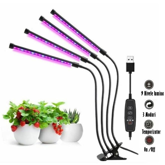 Lampa UV pentru Cresterea Plantelor , 4 picioare,120 LED-uri,40w,Temporizator,Corp Reglabil, Clips,Adaptor USB,Lumina UV — imaginea 6