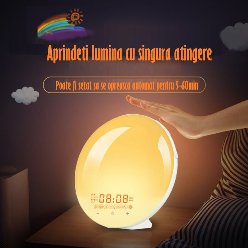 Lampa LED Inteligenta,Radio FM cu Ceas si Alarma,Simulare Rasarit&Apus de Soare,Sunete albe,7 culori,Smart Wake-up light - 4 | YEO