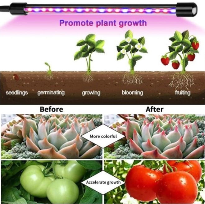 Lampa UV pentru Cresterea Plantelor , 4 picioare,120 LED-uri,40w,Temporizator,Corp Reglabil, Clips,Adaptor USB,Lumina UV — imaginea 9