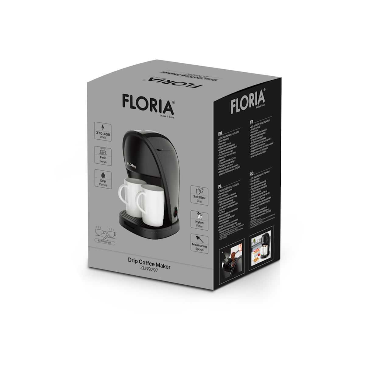 Aparat de facut cafea Floria ZLN9297, filtru de nailon, cupa pentru masurat, 2 cesti incluse, Negru - 2 | YEO