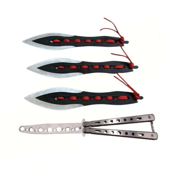 Set Briceag fluture de antrenament si trei cutite de aruncat, Anarchy Blades, IdeallStore®, otel inoxidabil