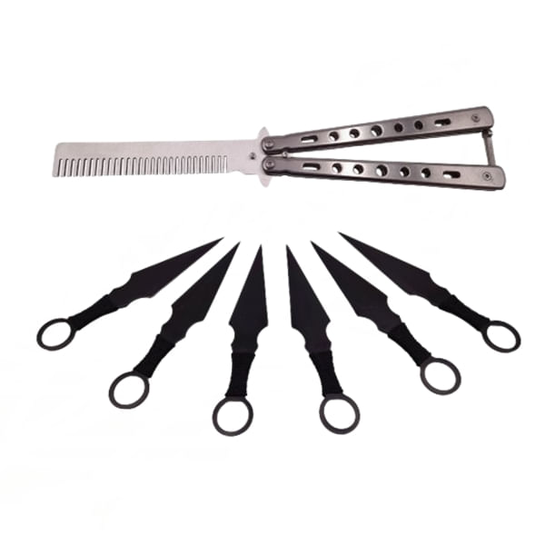 Set Briceag fluture si sase cutite de aruncat, Black Fury, IdeallStore®, otel inoxidabil, teaca inclusa