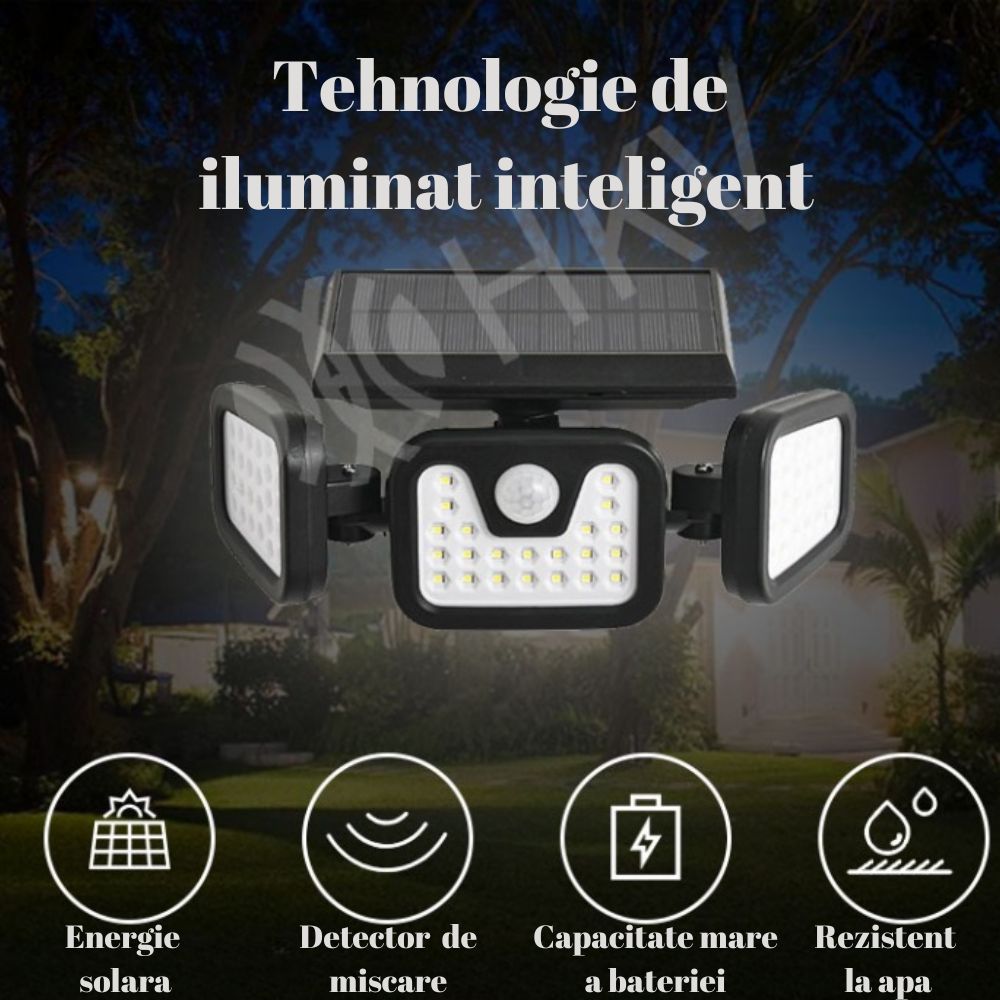 Lampa LED de perete cu incarca solara, 3 corpuri, 15W,rezistenta la apa IP65, raza actiune 25 m2,unghi larg de iluminare - 1 | YEO