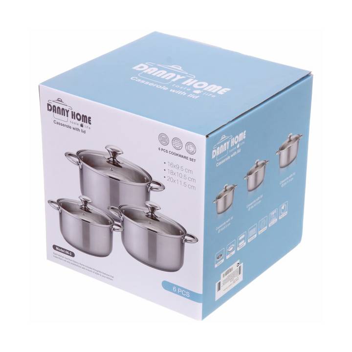 Set oale 6 piese Danny Home, 1.8L, 3.5L, 5,8L, inductie, cu capac sticla, Inox — imaginea 3