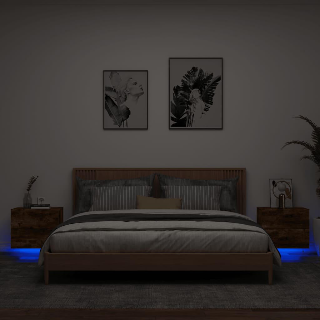 Noptiere montate pe perete cu lumini LED, 2 buc.,stejar fumuriu — imaginea 2