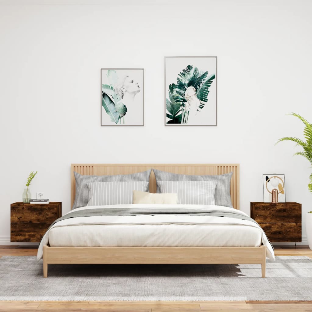 Noptiere montate pe perete cu lumini LED, 2 buc.,stejar fumuriu — imaginea 3