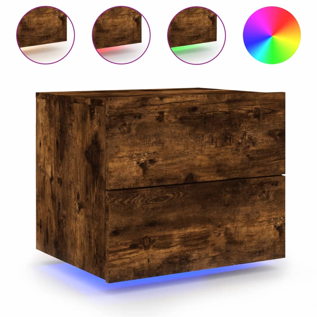 Noptiere montate pe perete cu lumini LED, 2 buc.,stejar fumuriu — imaginea 5