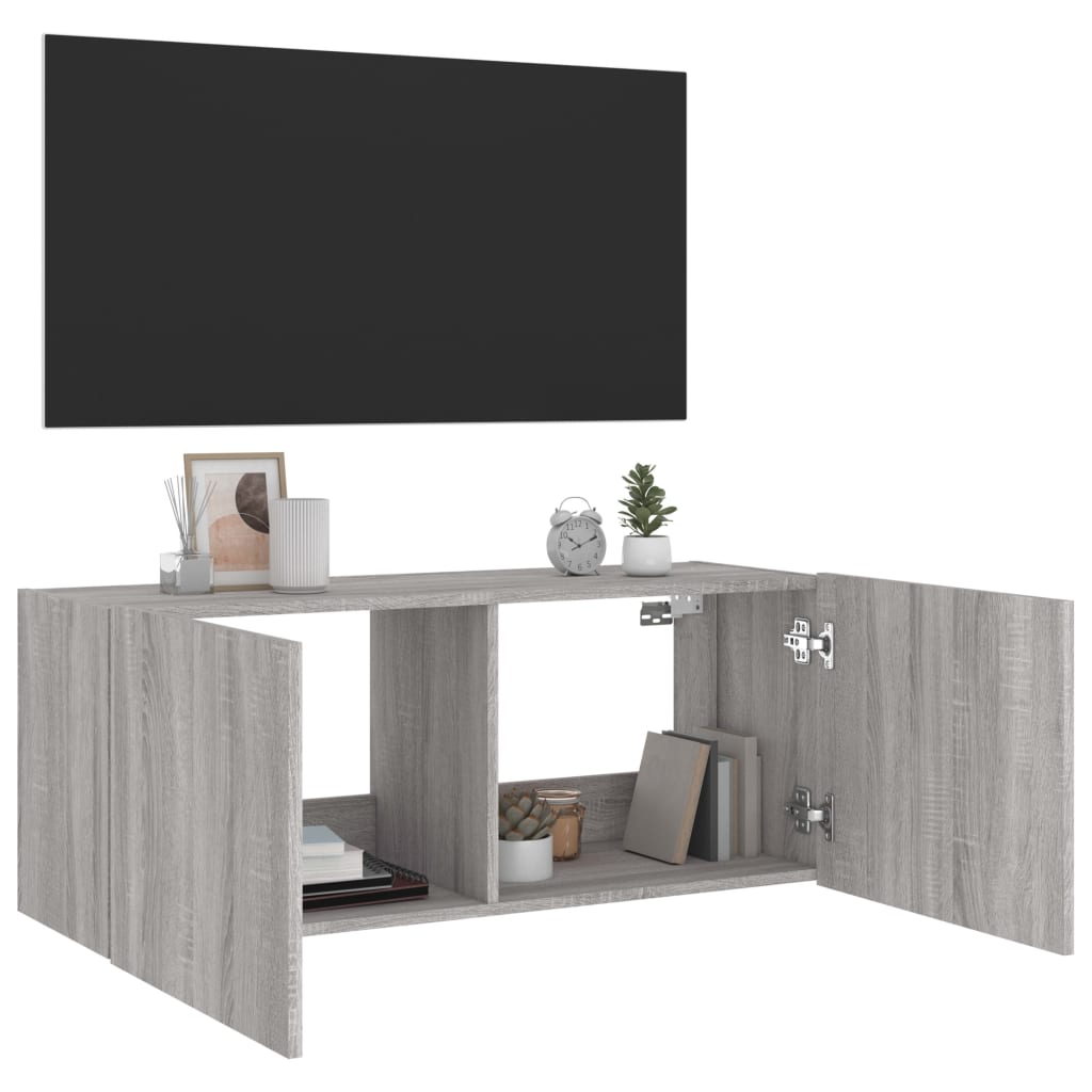 Comoda TV de perete cu lumini LED, gri sonoma, 100x35x41 cm — imaginea 7
