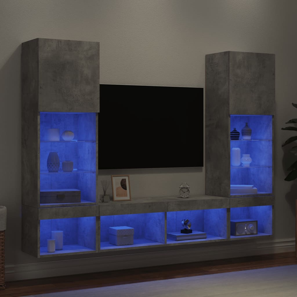 Unitati TV de perete cu LED-uri 5 piese gri beton lemn compozit — imaginea 4