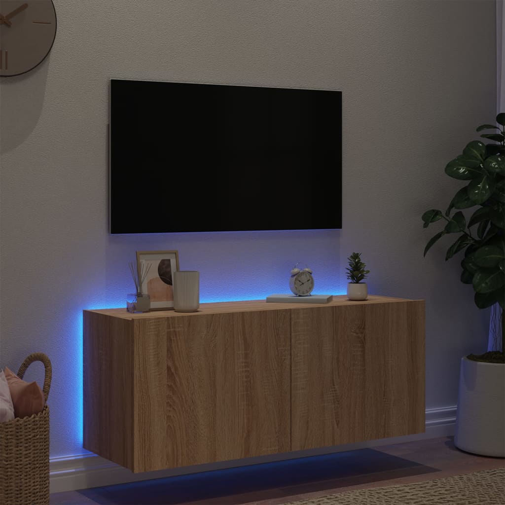 Comoda TV de perete cu lumini LED, stejar sonoma, 100x35x41 cm — imaginea 4