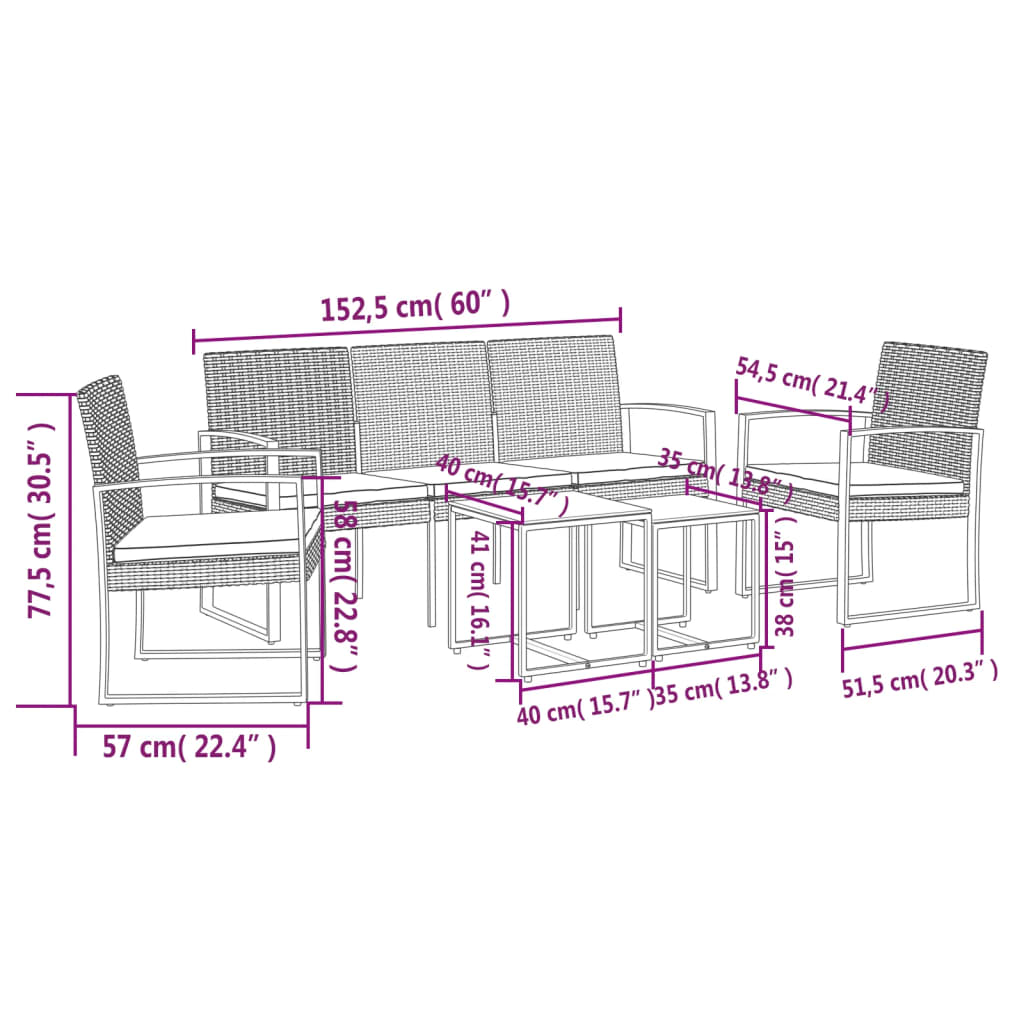 Set mobilier de gradina cu perne, 5 piese, maro, PP ratan — imaginea 6