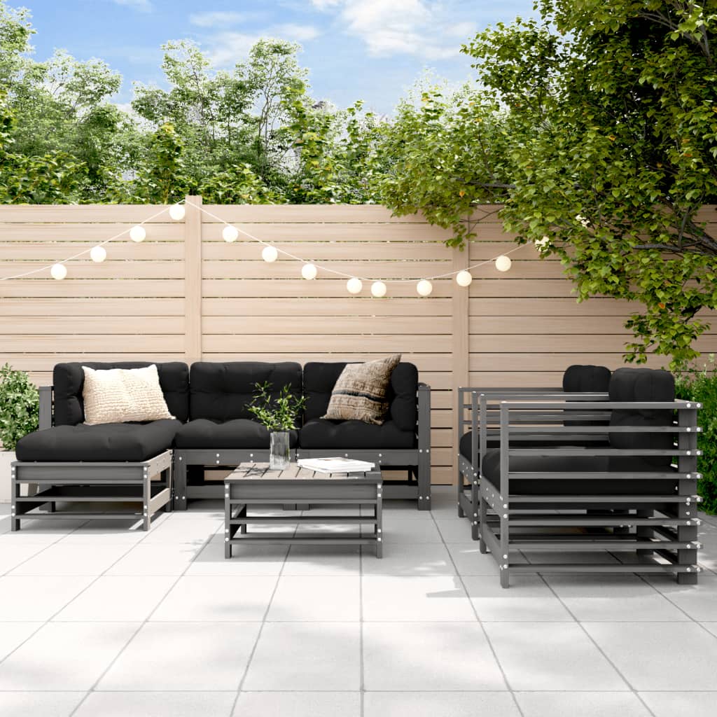 Set mobilier de gradina cu perne, 7 piese, gri, lemn masiv — imaginea 2