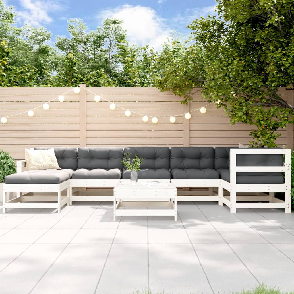 Set mobilier de gradina cu perne, 8 piese, alb, lemn masiv — imaginea 2