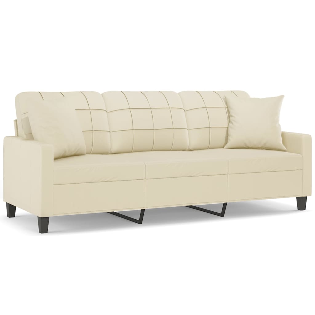 Canapea cu 3 locuri cu pernute, crem, 180 cm, piele ecologica