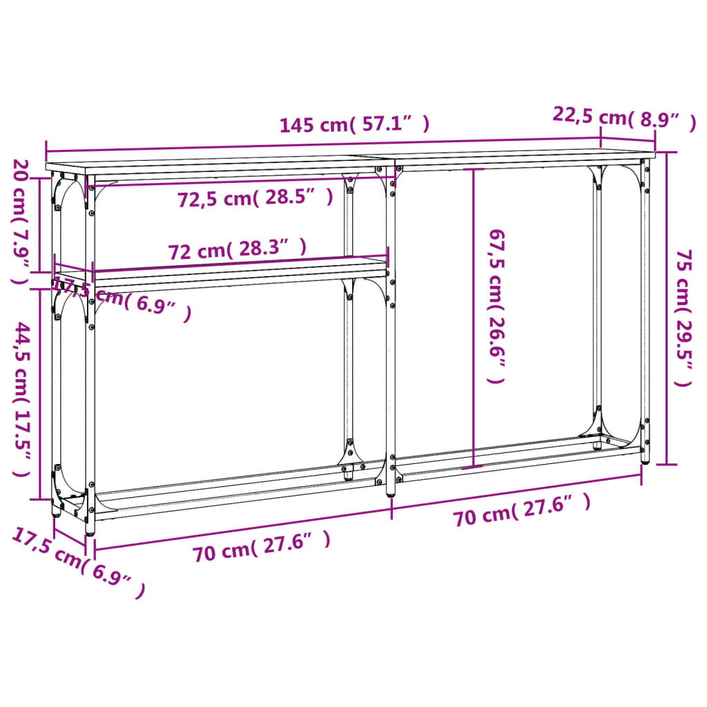 Masuta consola, gri sonoma, 145x22,5x75 cm, lemn prelucrat — imaginea 9