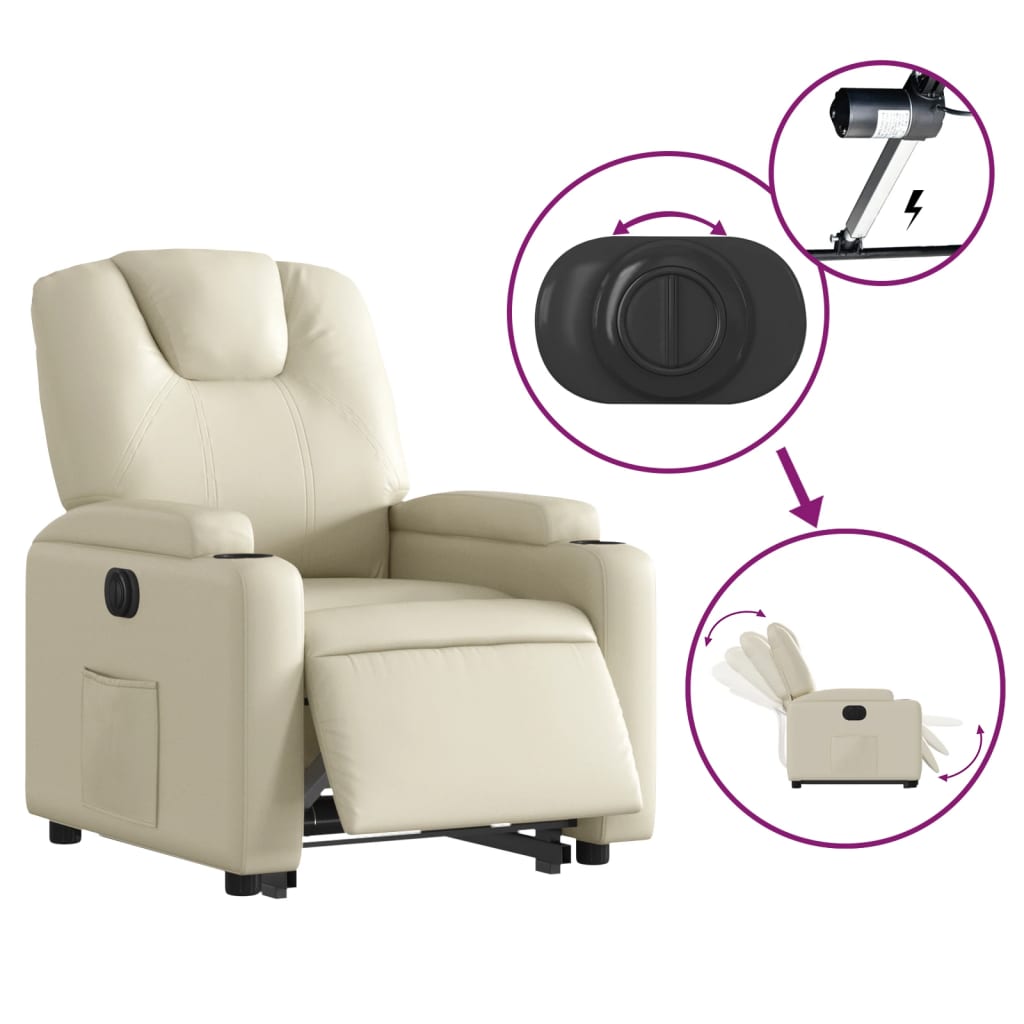 Fotoliu rabatabil electric cu ridicare, crem, piele ecologica — imaginea 5