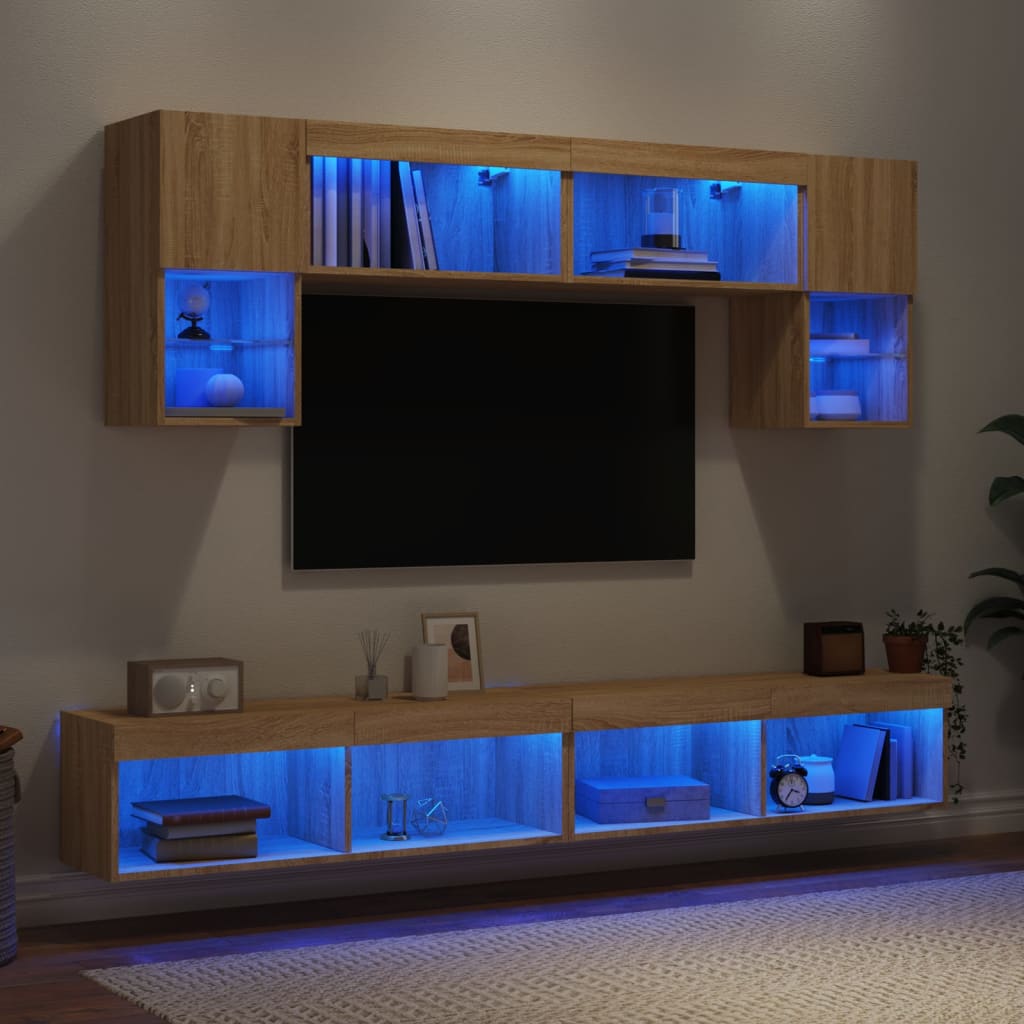 Unitati de perete TV cu LED-uri, 6 piese, stejar sonoma, lemn — imaginea 4