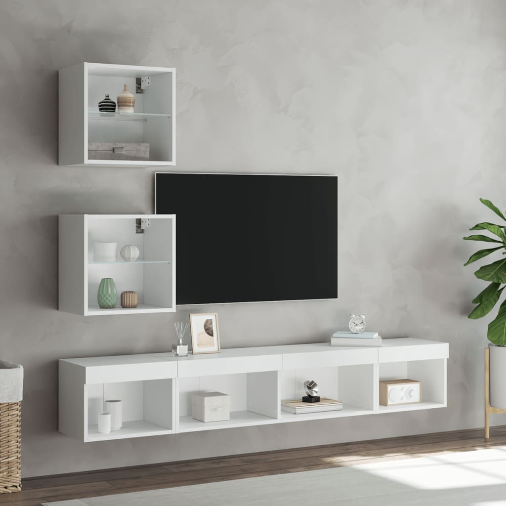 Unitati de perete TV cu LED-uri, 5 piese, alb, lemn prelucrat — imaginea 3