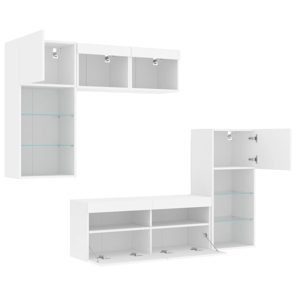 Unitati de perete TV cu LED-uri, 5 piese, alb, lemn prelucrat — imaginea 6