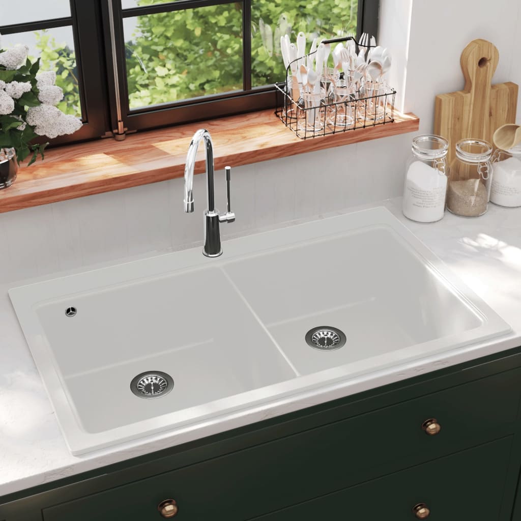 Chiuveta de bucatarie din granit incastrata, cu doua cuve, alb crem — imaginea 2