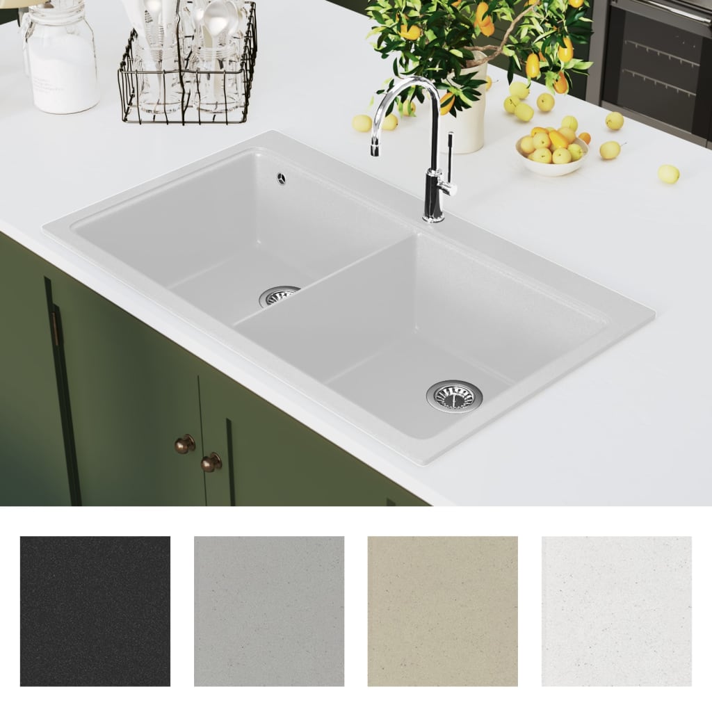 Chiuveta de bucatarie din granit incastrata, cu doua cuve, alb crem — imaginea 3