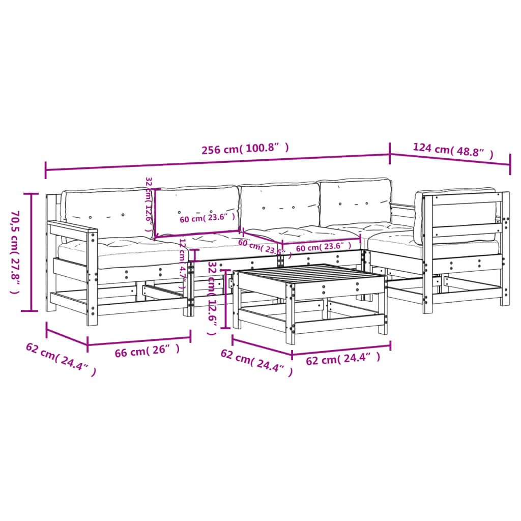 Set mobilier relaxare de gradina & perne 6 piese lemn masiv pin — imaginea 9
