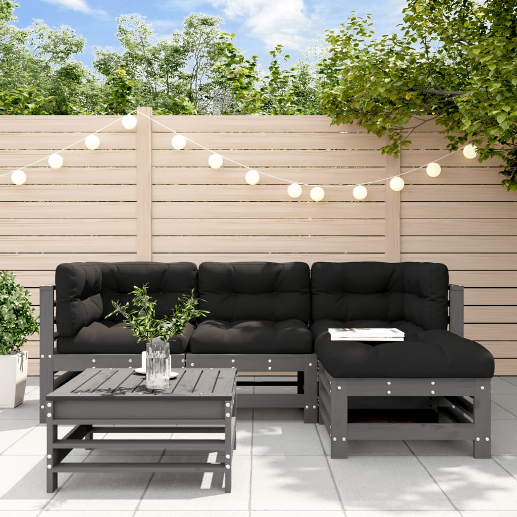 Set mobilier gradina cu perne, 5 piese, gri, lemn masiv — imaginea 2