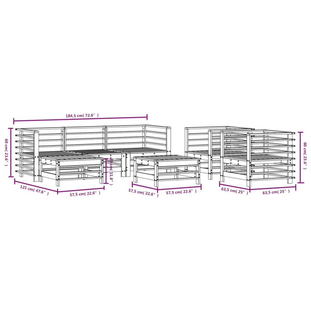 Set mobilier de gradina, 7 piese, alb, lemn masiv de pin — imaginea 8