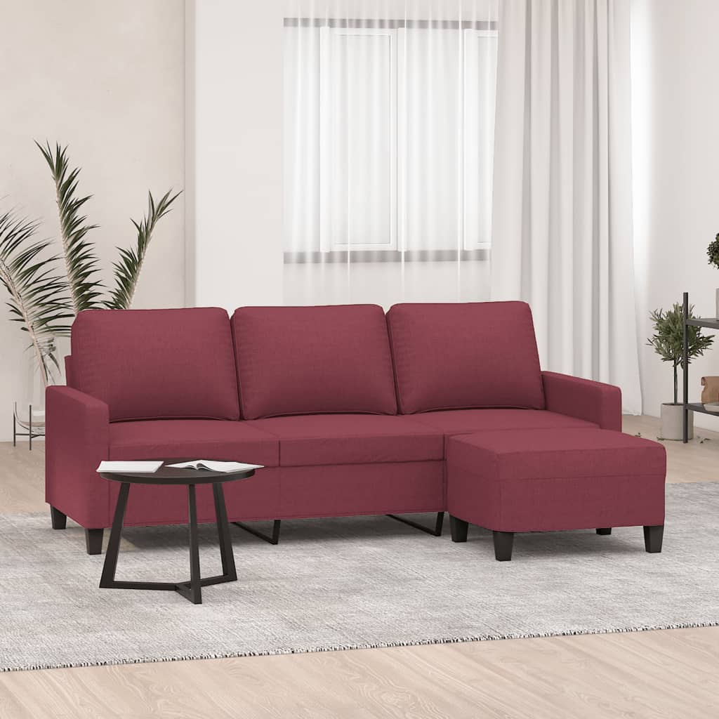 Canapea cu 3 locuri si taburet, rosu vin, 180 cm, textil — imaginea 2