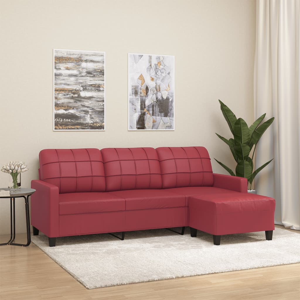 Canapea cu 3 locuri si taburet, rosu vin 180 cm piele ecologica — imaginea 2