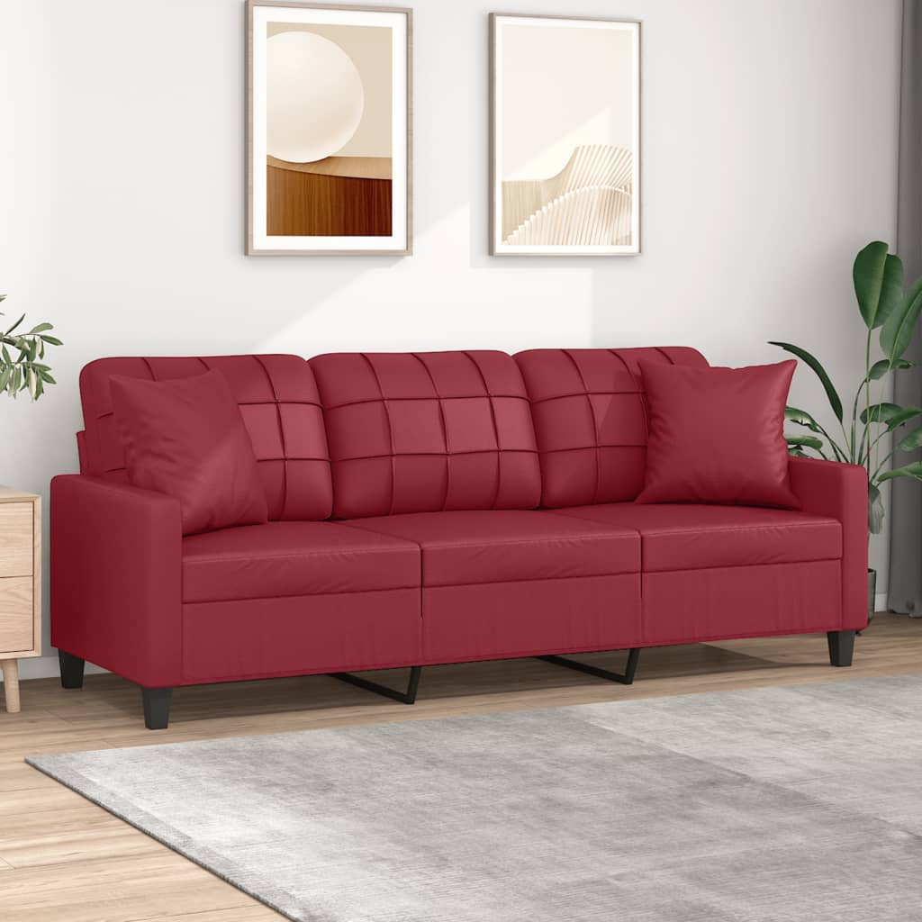 Canapea cu 3 locuri cu pernute, rosu vin 180 cm piele ecologica — imaginea 2