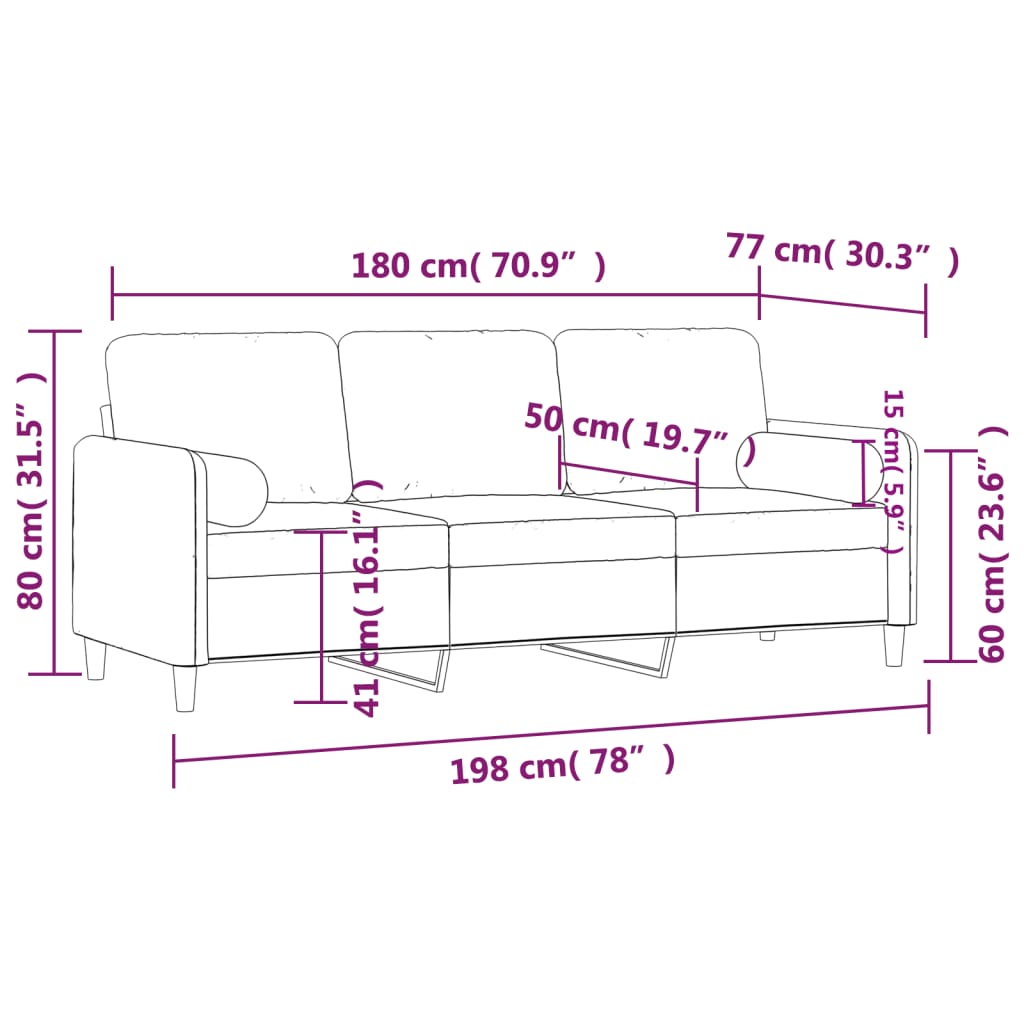 Canapea cu 3 locuri cu pernute, gri deschis, 180 cm, catifea — imaginea 8